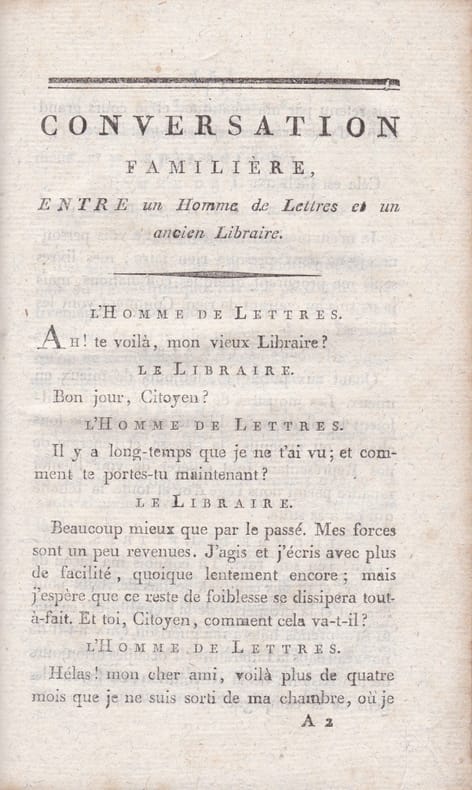 ROZET (Benoît) | Conversation familière entre un homme de lettres et un ancien libraire sur le projet de supprimer les armoiries, et autres marques de propriété féodale, empreintes sur la reliure de tous les livres de la Bibliothèque Nationale.