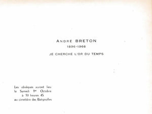 BRETON (André) | Je cherche l'or du temps. Carton d'invitation aux obsèques d'André Breton.