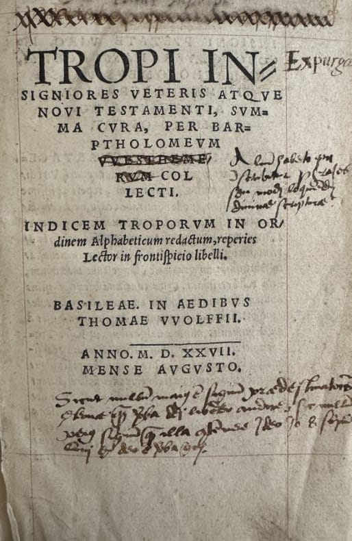 WESTHEIMER (Bartholomaeus). | Tropi insigniores veteris atque Novi Testamenti... Indicem troporum in ordinem alphabeticum redactum, reperies lector in frontispicio libelli.