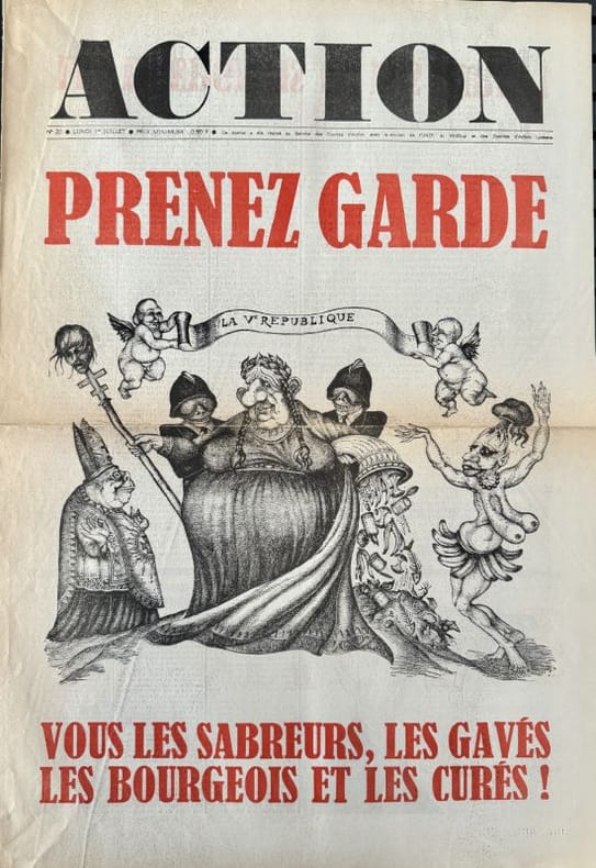 ACTION | Action n° 20, lundi 1er juillet [1968] : Prenez garde vous les sabreurs, les gavés, les bourgeois et les curés !