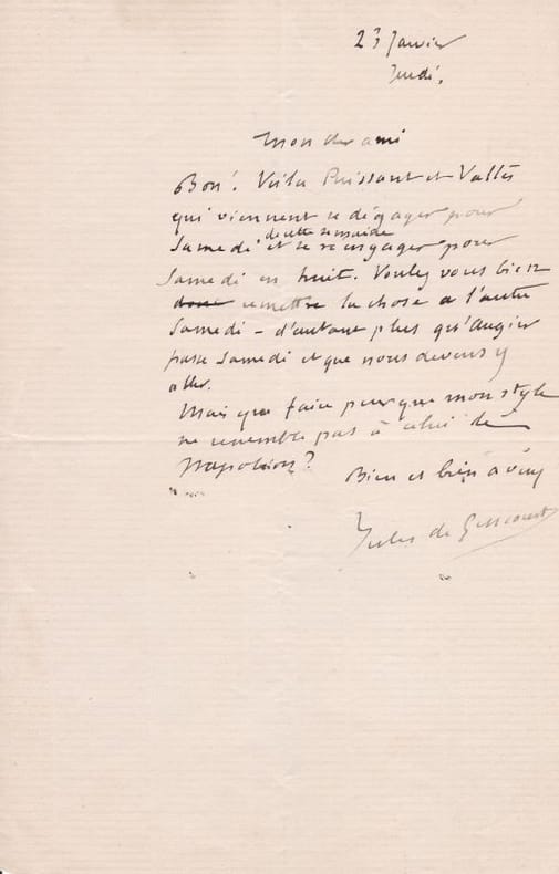 GONCOURT (Jules de). | Lettre autographe signée.