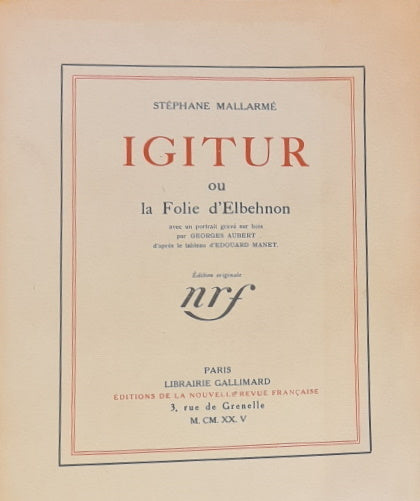 MALLARME (Stéphane). | Igitur ou la folie d'Elbehnon.